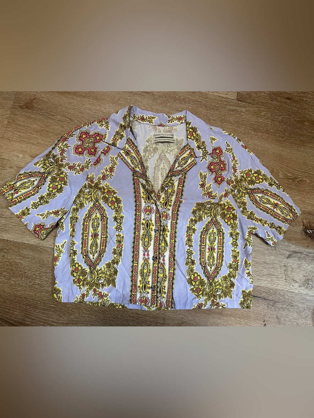 Urban Outfitters Cropped Lavender Button-Up with Gold & Red Paisley Accents
